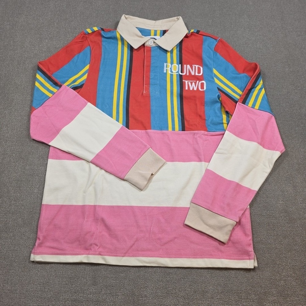 Round Two x LRG Mens Long Sleeve Nautical Pink‎ Red Rugby Shirt NWT Small Medium